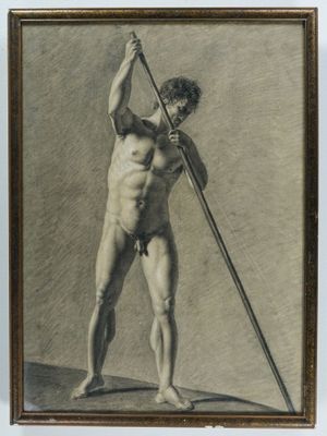 tableau représentant un homme tenant une perche dans la main droite