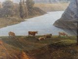 a painting of cows grazing on the grass by the water