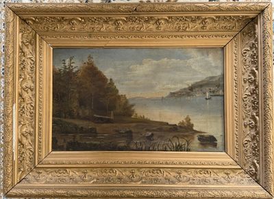 une image représentant un tableau d'un lac avec un bateau sur l'eau