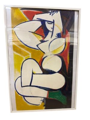 une peinture abstraite représentant une femme assise à genoux, dans un cadre blanc