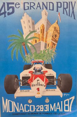 a poster of a racing car with a city in the background