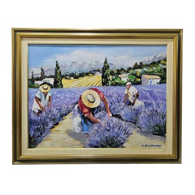 painting of three men in a lavender field picking lavenders