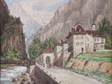 a picture of a painting of a castle on the side of a mountain