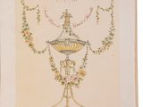 an old book with a drawing of a fountain and flowers