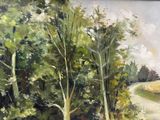 un tableau représentant une route de campagne bordée d'arbres de chaque côté