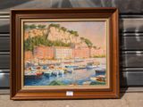 a picture of a painting of boats in a harbor