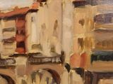 an oil painting of a bridge over a river with buildings in the background