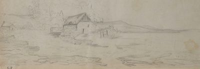 un vieux dessin représentant une maison au milieu d'un champ