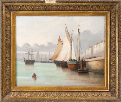 une peinture à l'huile représentant des bateaux dans un port, avec un homme dans l'un d'eux