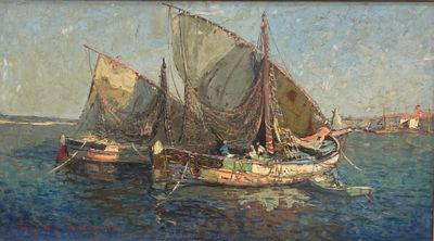 un tableau représentant deux bateaux sur un plan d'eau