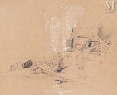 un vieux dessin représentant une maison et un bateau sur un plan d'eau