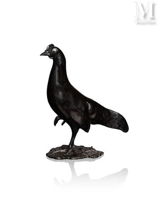 statue of a black bird on a white background with a reflection