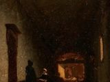 a painting of two women in a dark room with a fireplace