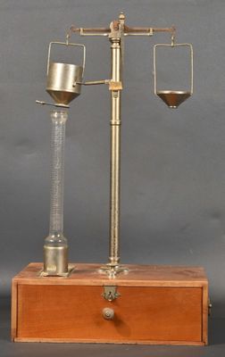 une image représentant une balance avec deux coupelles posées dessus, posée sur un socle en bois