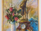 a painting of a statue and a vase of flowers on a table