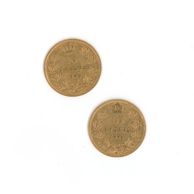 two gold coins on a white surface with a white background