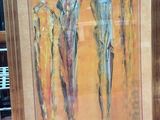 a picture of a painting of three people standing in front of a chair