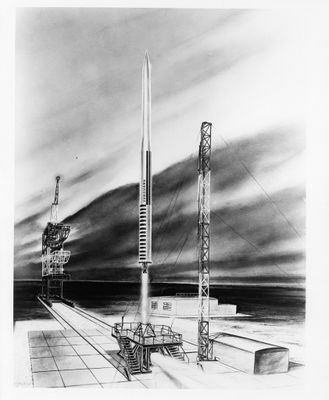 un dessin représentant une station spatiale surmontée d'une fusée