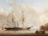 tableau représentant un navire sur un plan d'eau, avec des personnes dans de petites embarcations