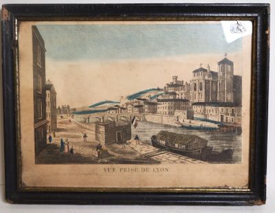 tableau représentant une vue de ville avec un pont et un bateau