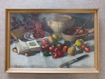 une peinture représentant des fruits et un couteau posés sur une table