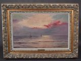 an oil painting of a sailboat in the ocean at sunset