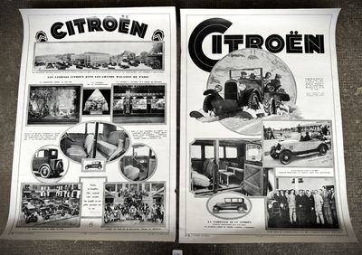 two pages of a magazine with pictures of old cars