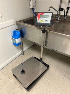 une photo d'une balance dans une cuisine équipée d'un évier
