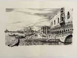 an ink drawing of a view of a city with a bridge and a gondola