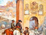 a painting of a man riding a horse with two children