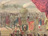 a painting of a large group of people standing in front of a stage