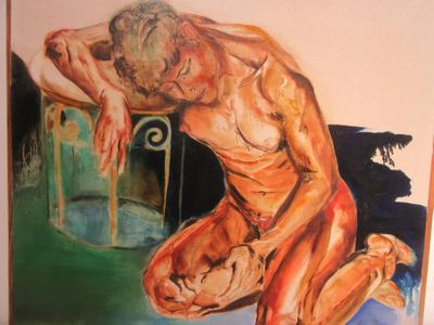 une peinture représentant une femme nue assise sur une chaise