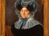 portrait of a woman in a blue bonnet and black dress