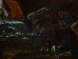 painting of a waterfall with people fishing in it and a man on a boat in the water