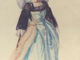 tableau représentant une femme vêtue d'une robe bleue et blanche et portant un chapeau