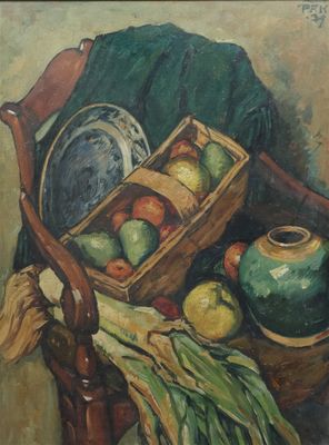 a painting of a basket of fruit and vegetables on a table