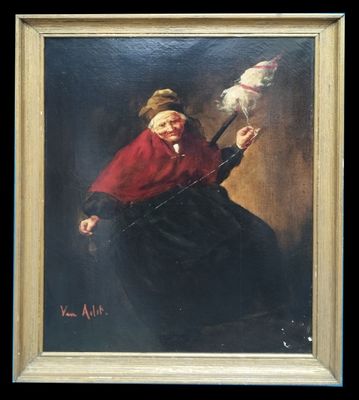 une peinture à l'huile représentant une femme tenant un oiseau blanc dans la main