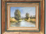 a painting of a river with a bridge and trees in the background