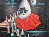 an image of a painting of a giant egg with many people around it