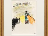 tableau représentant un taureau et un homme avec une planche de surf