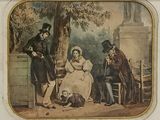 painting of a man and a woman sitting on a bench next to a dog