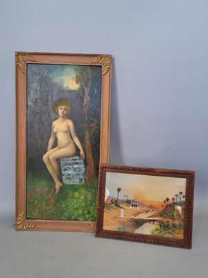 painting of a naked woman sitting on a chair next to a painting of a man