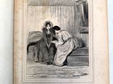 un vieux livre sur lequel figure l'image d'une femme assise sur un lit