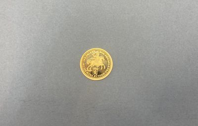 gros plan d'une pièce d'or sur une surface grise
