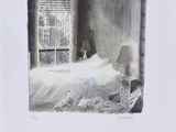 an image of a drawing of a bed in a room with a window