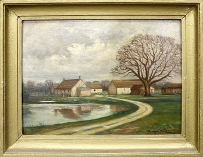 an oil painting of a farm scene with a pond in the foreground and a house in the background