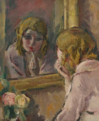 un tableau représentant une femme en train de se brosser les dents devant un miroir