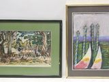 deux tableaux encadrés représentant des arbres et un banc dans un parc