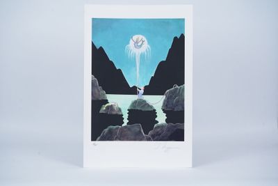 a white card with a picture of a person standing on a mountain