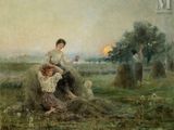 une image représentant un tableau où l'on voit deux femmes assises sur une botte de foin